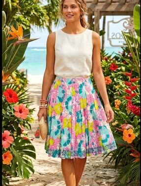 Lilly Pulitzer Vintage Ingrid Pleated Skirt in Beach Mat Floral Eyelet Hem Sz 8